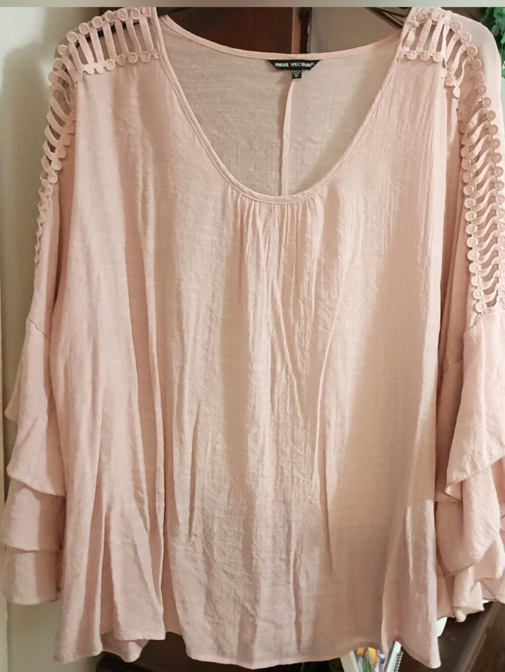 Women's Unique Spectrum Blush Pink Ruffle Sleeve Cut Out Shoulder Blouse (3X)